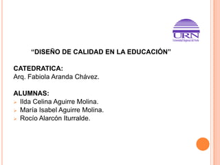 “DISEÑO DE CALIDAD EN LA EDUCACIÓN”
CATEDRATICA:
Arq. Fabiola Aranda Chávez.
ALUMNAS:
 Ilda Celina Aguirre Molina.
 María Isabel Aguirre Molina.
 Rocío Alarcón Iturralde.

 