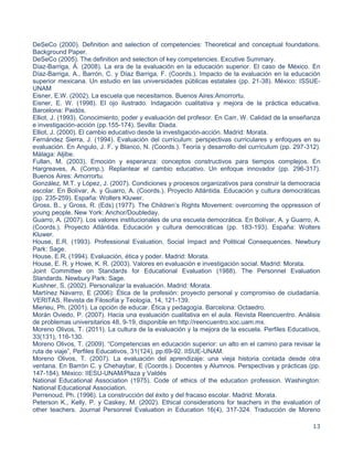 13
DeSeCo (2000). Definition and selection of competencies: Theoretical and conceptual foundations.
Background Paper.
DeSeCo (2005). The definition and selection of key competencies. Excutive Summary.
Díaz-Barriga, Á. (2008). La era de la evaluación en la educación superior. El caso de México. En
Díaz-Barriga, A., Barrón, C. y Díaz Barriga, F. (Coords.). Impacto de la evaluación en la educación
superior mexicana. Un estudio en las universidades públicas estatales (pp. 21-38). México: ISSUE-
UNAM
Eisner, E.W. (2002). La escuela que necesitamos. Buenos Aires:Amorrortu.
Eisner, E. W. (1998). El ojo ilustrado. Indagación cualitativa y mejora de la práctica educativa.
Barcelona: Paidós.
Elliot, J. (1993). Conocimiento, poder y evaluación del profesor. En Carr, W. Calidad de la enseñanza
e investigación-acción (pp.155-174). Sevilla: Diada.
Elliot, J. (2000). El cambio educativo desde la investigación-acción. Madrid: Morata.
Fernández Sierra, J. (1994). Evaluación del currículum: perspectivas curriculares y enfoques en su
evaluación. En Angulo, J. F. y Blanco, N. (Coords.). Teoría y desarrollo del currículum (pp. 297-312).
Málaga: Aljibe.
Fullan, M. (2003). Emoción y esperanza: conceptos constructivos para tiempos complejos. En
Hargreaves, A. (Comp.). Replantear el cambio educativo. Un enfoque innovador (pp. 296-317).
Buenos Aires: Amorrortu.
González, M.T. y López, J. (2007). Condiciones y procesos organizativos para construir la democracia
escolar. En Bolívar, A. y Guarro, A. (Coords.). Proyecto Atlántida. Educación y cultura democráticas
(pp. 235-259). España: Wolters Kluwer.
Gross, B., y Gross, R. (Eds) (1977). The Children’s Rights Movement: overcoming the oppression of
young people. New York: Anchor/Doubleday.
Guarro, A. (2007). Los valores institucionales de una escuela democrática. En Bolívar, A. y Guarro, A.
(Coords.). Proyecto Atlántida. Educación y cultura democráticas (pp. 183-193). España: Wolters
Kluwer.
House, E.R. (1993). Professional Evaluation, Social Impact and Political Consequences. Newbury
Park: Sage.
House, E.R. (1994). Evaluación, ética y poder. Madrid: Morata.
House, E. R. y Howe, K. R. (2003). Valores en evaluación e investigación social. Madrid: Morata.
Joint Committee on Standards for Educational Evaluation (1988). The Personnel Evaluation
Standards. Newbury Park: Sage.
Kushner, S. (2002). Personalizar la evaluación. Madrid: Morata.
Martínez Navarro, E (2006): Ética de la profesión: proyecto personal y compromiso de ciudadanía.
VERITAS. Revista de Filosofía y Teología, 14, 121-139.
Mierieu, Ph. (2001). La opción de educar. Ética y pedagogía. Barcelona: Octaedro.
Morán Oviedo, P. (2007). Hacia una evaluación cualitativa en el aula. Revista Reencuentro. Análisis
de problemas universitarios 48, 9-19, disponible en http://reencuentro.xoc.uam.mx.
Moreno Olivos, T. (2011). La cultura de la evaluación y la mejora de la escuela. Perfiles Educativos,
33(131), 116-130.
Moreno Olivos, T. (2009). “Competencias en educación superior: un alto en el camino para revisar la
ruta de viaje”, Perfiles Educativos, 31(124), pp.69-92. IISUE-UNAM.
Moreno Olivos, T. (2007). La evaluación del aprendizaje: una vieja historia contada desde otra
ventana. En Barrón C. y Chehaybar, E (Coords.). Docentes y Alumnos. Perspectivas y prácticas (pp.
147-184). México: IIESU-UNAM/Plaza y Valdés
National Educational Association (1975). Code of ethics of the education profession. Washington:
National Educational Association.
Perrenoud, Ph. (1996). La construcción del éxito y del fracaso escolar. Madrid: Morata.
Peterson K., Kelly, P. y Caskey, M. (2002). Ethical considerations for teachers in the evaluation of
other teachers. Journal Personnel Evaluation in Education 16(4), 317-324. Traducción de Moreno
 