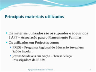 Principais materiais utilizados Os materiais utilizados são os sugeridos e adquiridos à APF – Associação para o Planeamento Familiar;  Os utilizados em Projectos como: PRESS - Programa Regional de Educação Sexual em Saúde Escolar; Jovens Saudáveis em Acção – Teresa Vilaça, Investigadora da IE-UM. Agrupamento de Escolas de Valbom 