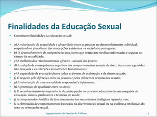 Finalidades da Educação Sexual Constituem finalidades da educação sexual: a) A valorização da sexualidade e afectividade entre as  pessoas no desenvolvimento individual, respeitando o pluralismo das concepções existentes na sociedade portuguesa; b) O desenvolvimento de competências nos jovens que  permitam escolhas informadas e seguras no campo da sexualidade; c) A melhoria dos relacionamentos afectivo –sexuais  dos jovens; d) A redução de consequências negativas dos comportamentos  sexuais de risco, tais como a gravidez não desejada e as infecções sexualmente transmissíveis; e) A capacidade de protecção face a todas as formas de  exploração e de abuso sexuais; f) O respeito pela diferença entre as pessoas e pelas  diferentes orientações sexuais; g) A valorização de uma sexualidade responsável e informada; h) A promoção da igualdade entre os sexos; i) O reconhecimento da importância de participação no  processo educativo de encarregados de educação, alunos, professores e técnicos de saúde; j) A compreensão científica do funcionamento dos mecanismos  biológicos reprodutivos; l) A eliminação de comportamentos baseados na discriminação  sexual ou na violência em função do sexo ou orientação sexual. Agrupamento de Escolas de Valbom 