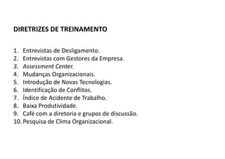 1. Entrevistas de Desligamento.
2. Entrevistas com Gestores da Empresa.
3. Assessment Center.
4. Mudanças Organizacionais.
5. Introdução de Novas Tecnologias.
6. Identificação de Conflitos.
7. Índice de Acidente de Trabalho.
8. Baixa Produtividade.
9. Café com a diretoria e grupos de discussão.
10. Pesquisa de Clima Organizacional.
DIRETRIZES DE TREINAMENTO
 