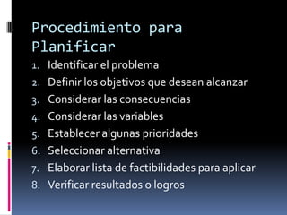 Procedimiento para
Planificar
1. Identificar el problema
2. Definir los objetivos que desean alcanzar

3. Considerar las consecuencias
4. Considerar las variables
5. Establecer algunas prioridades

6. Seleccionar alternativa
7. Elaborar lista de factibilidades para aplicar
8. Verificar resultados o logros

 