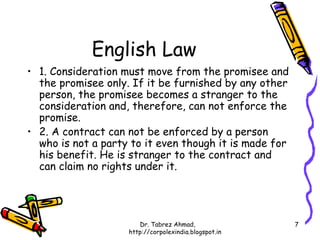 English Law
• 1. Consideration must move from the promisee and
  the promisee only. If it be furnished by any other
  person, the promisee becomes a stranger to the
  consideration and, therefore, can not enforce the
  promise.
• 2. A contract can not be enforced by a person
  who is not a party to it even though it is made for
  his benefit. He is stranger to the contract and
  can claim no rights under it.




                       Dr. Tabrez Ahmad,                7
                    http://corpolexindia.blogspot.in
 