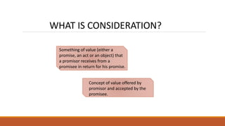 Something of value (either a
promise, an act or an object) that
a promisor receives from a
promisee in return for his promise.
Concept of value offered by
promisor and accepted by the
promisee.
WHAT IS CONSIDERATION?
 