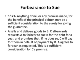 Forbearance to Sue
• S 127- Anything done, or any promise made, for
the benefit of the principal debtor, may be a
sufficient consideration to the surety for giving
the guarantee.
• A sells and delivers goods to B. C afterwards
requests A to forbear to sue B for the debt for a
year, and promises that, if he does so, C will pay
for them in default of payment by B. A agrees to
forbear as requested. This is a sufficient
consideration for C’s promise.
 