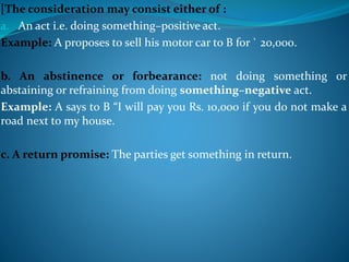 [The consideration may consist either of :
a. An act i.e. doing something–positive act.
Example: A proposes to sell his mo...