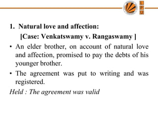 1. Natural love and affection:
[Case: Venkatswamy v. Rangaswamy ]
• An elder brother, on account of natural love
and affection, promised to pay the debts of his
younger brother.
• The agreement was put to writing and was
registered.
Held : The agreement was valid
 
