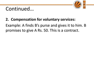 Continued…
2. Compensation for voluntary services:
Example: A finds B’s purse and gives it to him. B
promises to give A Rs. 50. This is a contract.
 