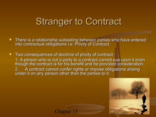 Stranger to Contract
   There is a relationship subsisting between parties who have entered
    into contractual obligations I.e. Privity of Contract.

   Two consequences of doctrine of privity of contract :
    1. A person who is not a party to a contract cannot sue upon it even
    though the contract is for his benefit and he provided consideration.
    2. A contract cannot confer rights or impose obligations arising
    under it on any person other than the parties to it.




                         Chapter 15                     4
 