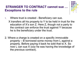 STRANGER TO CONTRACT cannot sue …Exceptions to the rule Where trust is created - Beneficiary can sue.  X transfers all his property to Y to be held in trust for the education of X’s son Z. Here Z, though not a party to the contract can enforce the trust against Y because he is the beneficiary under the trust.  2. Where a charge is created on a specific immovable property – B borrowed some money from L against a property. Before paying it back he sold that to X. So now L can sue X (coz he was having the knowledge of the previous contract). 