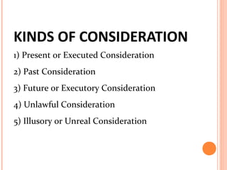 KINDS OF CONSIDERATION
1) Present or Executed Consideration
2) Past Consideration
3) Future or Executory Consideration
4) Unlawful Consideration
5) Illusory or Unreal Consideration
 