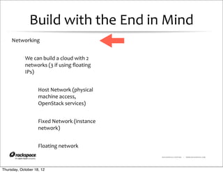 Build	
  with	
  the	
  End	
  in	
  Mind
     Networking


            We	
  can	
  build	
  a	
  cloud	
  with	
  2	
  
            networks	
  (3	
  if	
  using	
  ﬂoating	
  
            IPs)


                     Host	
  Network	
  (physical	
  
                     machine	
  access,	
  
                     OpenStack	
  services)


                     Fixed	
  Network	
  (instance	
  
                     network)


                     Floating	
  network
                                                                RACKSPACE® HOSTING   |   WWW.RACKSPACE.COM




Thursday, October 18, 12
 