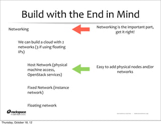 Build	
  with	
  the	
  End	
  in	
  Mind
                                                                Networking	
  is	
  the	
  important	
  part,	
  
     Networking
                                                                          get	
  it	
  right!

            We	
  can	
  build	
  a	
  cloud	
  with	
  2	
  
            networks	
  (3	
  if	
  using	
  ﬂoating	
  
            IPs)


                     Host	
  Network	
  (physical	
             Easy	
  to	
  add	
  physical	
  nodes	
  and/or	
  
                     machine	
  access,	
                                            networks
                     OpenStack	
  services)


                     Fixed	
  Network	
  (instance	
  
                     network)


                     Floating	
  network
                                                                                  RACKSPACE® HOSTING   |   WWW.RACKSPACE.COM




Thursday, October 18, 12
 