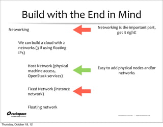 Build	
  with	
  the	
  End	
  in	
  Mind
                                                                Networking	
  is	
  the	
  important	
  part,	
  
     Networking
                                                                          get	
  it	
  right!

            We	
  can	
  build	
  a	
  cloud	
  with	
  2	
  
            networks	
  (3	
  if	
  using	
  ﬂoating	
  
            IPs)


                     Host	
  Network	
  (physical	
             Easy	
  to	
  add	
  physical	
  nodes	
  and/or	
  
                     machine	
  access,	
                                            networks
                     OpenStack	
  services)


                     Fixed	
  Network	
  (instance	
  
                     network)


                     Floating	
  network
                                                                                  RACKSPACE® HOSTING   |   WWW.RACKSPACE.COM




Thursday, October 18, 12
 
