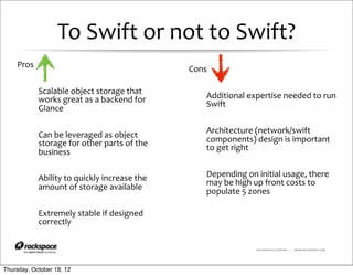 To	
  Swift	
  or	
  not	
  to	
  Swift?
    Pros                                                        Cons

            Scalable	
  object	
  storage	
  that	
  
            works	
  great	
  as	
  a	
  backend	
  for	
          Additional	
  expertise	
  needed	
  to	
  run	
  
                                                                   Swift
            Glance

                                                                   Architecture	
  (network/swift	
  
            Can	
  be	
  leveraged	
  as	
  object	
  
            storage	
  for	
  other	
  parts	
  of	
  the	
        components)	
  design	
  is	
  important	
  
                                                                   to	
  get	
  right
            business

            Ability	
  to	
  quickly	
  increase	
  the	
          Depending	
  on	
  initial	
  usage,	
  there	
  
                                                                   may	
  be	
  high	
  up	
  front	
  costs	
  to	
  
            amount	
  of	
  storage	
  available                   populate	
  5	
  zones

            Extremely	
  stable	
  if	
  designed	
  
            correctly

                                                                                       RACKSPACE® HOSTING   |   WWW.RACKSPACE.COM




Thursday, October 18, 12
 