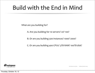 Build	
  with	
  the	
  End	
  in	
  Mind

                           What	
  are	
  you	
  building	
  for?

                                   A.	
  Are	
  you	
  building	
  for	
  10	
  servers?	
  20?	
  100?

                                   B.	
  Or	
  are	
  you	
  building	
  500	
  instances?	
  1000?	
  2000?

                                   C.	
  Or	
  are	
  you	
  building	
  400	
  CPUs?	
  3TB	
  RAM?	
  100TB	
  disk?




                                                                                                      RACKSPACE® HOSTING   |   WWW.RACKSPACE.COM




Thursday, October 18, 12
 