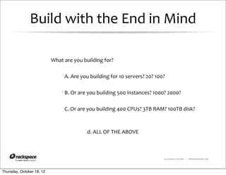 Build	
  with	
  the	
  End	
  in	
  Mind

                           What	
  are	
  you	
  building	
  for?

                                   A.	
  Are	
  you	
  building	
  for	
  10	
  servers?	
  20?	
  100?

                                   B.	
  Or	
  are	
  you	
  building	
  500	
  instances?	
  1000?	
  2000?

                                   C.	
  Or	
  are	
  you	
  building	
  400	
  CPUs?	
  3TB	
  RAM?	
  100TB	
  disk?



                                                  d.	
  ALL	
  OF	
  THE	
  ABOVE



                                                                                                      RACKSPACE® HOSTING   |   WWW.RACKSPACE.COM




Thursday, October 18, 12
 
