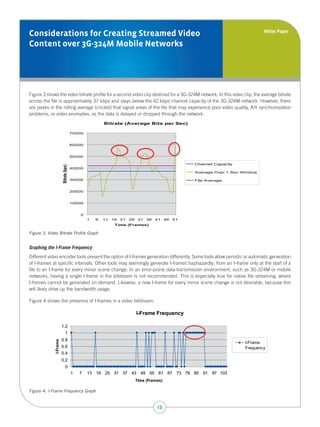 White Paper
Considerations for Creating Streamed Video
Content over 3G-324M Mobile Networks




Figure 3 shows the video bitrate profile for a second video clip destined for a 3G-324M network. In this video clip, the average bitrate
across the file is approximately 37 kbps and stays below the 42 kbps channel capacity of the 3G-324M network. However, there
are peaks in the rolling average (circled) that signal areas of the file that may experience poor video quality, A/V synchronization
problems, or video anomalies, as the data is delayed or dropped through the network.
                                                       Bitrate (Average Bits per Sec)

                                       70000


                                       60000


                                       50000

                                                                                                     Channel Capacity
                       Bitrate (bps)




                                       40000
                                                                                                     Average Over 1 Sec Window

                                       30000                                                         File Average


                                       20000


                                       10000


                                           0
                                               1   6   11   16   21   26    31   36   41   46   51
                                                             T ime (Frames)

Figure 3. Video Bitrate Profile Graph


Graphing the I-Frame Frequency
Different video encoder tools present the option of I-frames generation differently. Some tools allow periodic or automatic generation
of I-frames at specific intervals. Other tools may seemingly generate I-frames haphazardly; from an I-frame only at the start of a
file to an I-frame for every minor scene change. In an error-prone data-transmission environment, such as 3G-324M or mobile
networks, having a single I-frame in the bitstream is not recommended. This is especially true for native file streaming, where
I-frames cannot be generated on demand. Likewise, a new I-frame for every minor scene change is not desirable, because this
will likely drive up the bandwidth usage.

Figure 4 shows the presence of I-frames in a video bitstream.

                                                                           I-Frame Frequency

                       1.2
                             1
                       0.8
             I-Frame




                                                                                                                         I-Frame
                       0.6                                                                                               Frequency
                       0.4
                       0.2
                             0
                                       1   7   13 19 25 31 37 43 49 55 61 67 73 79 85 91 97 103
                                                                           Time (Frames)

Figure 4. I-Frame Frequency Graph


                                                                                      15
 