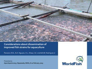 Considerations about dissemination of
improved fish strains for aquaculture

Ponzoni, R.W., N.H. Nguyen, H.L. Khaw, C.E. Lind & B.M. Rodriguez Jr



Presented at:
Aqua Aquaria 2013, Vijayawada, INDIA, 8-10 February, 2013
 