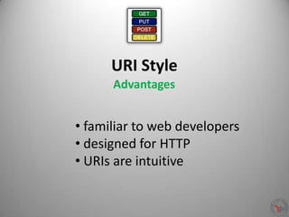 URI Style
• familiar to web developers
• designed for HTTP
• URIs are intuitive
Advantages
 