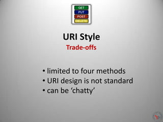 URI Style
• limited to four methods
• URI design is not standard
• can be ‘chatty’
Trade-offs
 