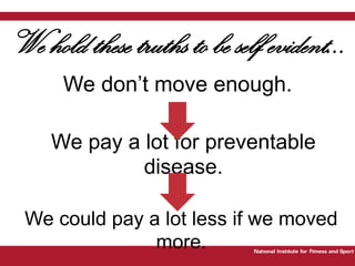 We hold these truths to be self evident…We don’t move enough.We pay a lot for preventable disease.We could pay a lot less if we moved more.