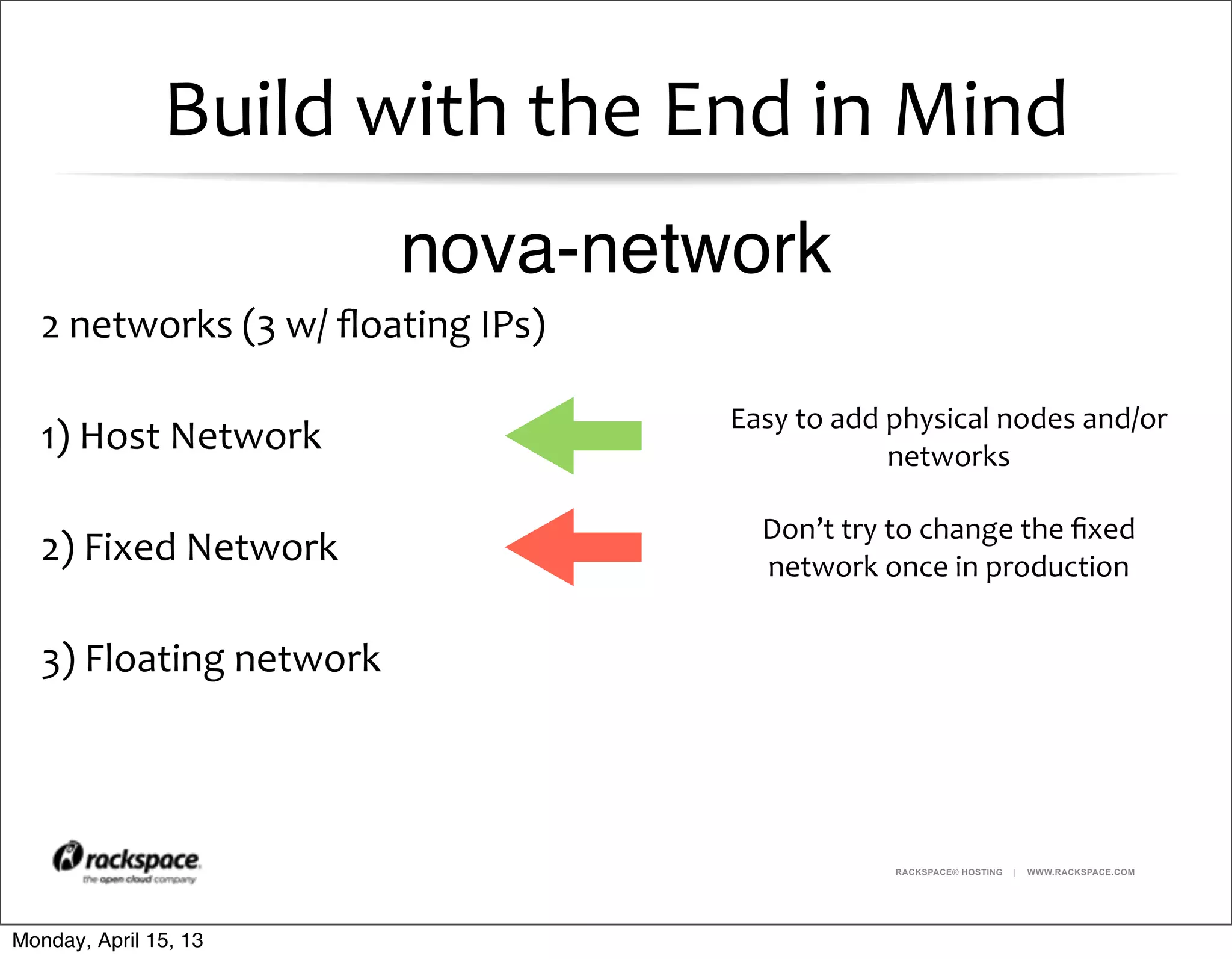 RACKSPACE® HOSTING | WWW.RACKSPACE.COM
Build	
  with	
  the	
  End	
  in	
  Mind
2	
  networks	
  (3	
  w/	
  ﬂoating	
  IPs)
1)	
  Host	
  Network
2)	
  Fixed	
  Network
3)	
  Floating	
  network
Easy	
  to	
  add	
  physical	
  nodes	
  and/or	
  
networks
Don’t	
  try	
  to	
  change	
  the	
  ﬁxed	
  
network	
  once	
  in	
  production
nova-network
Monday, April 15, 13
 