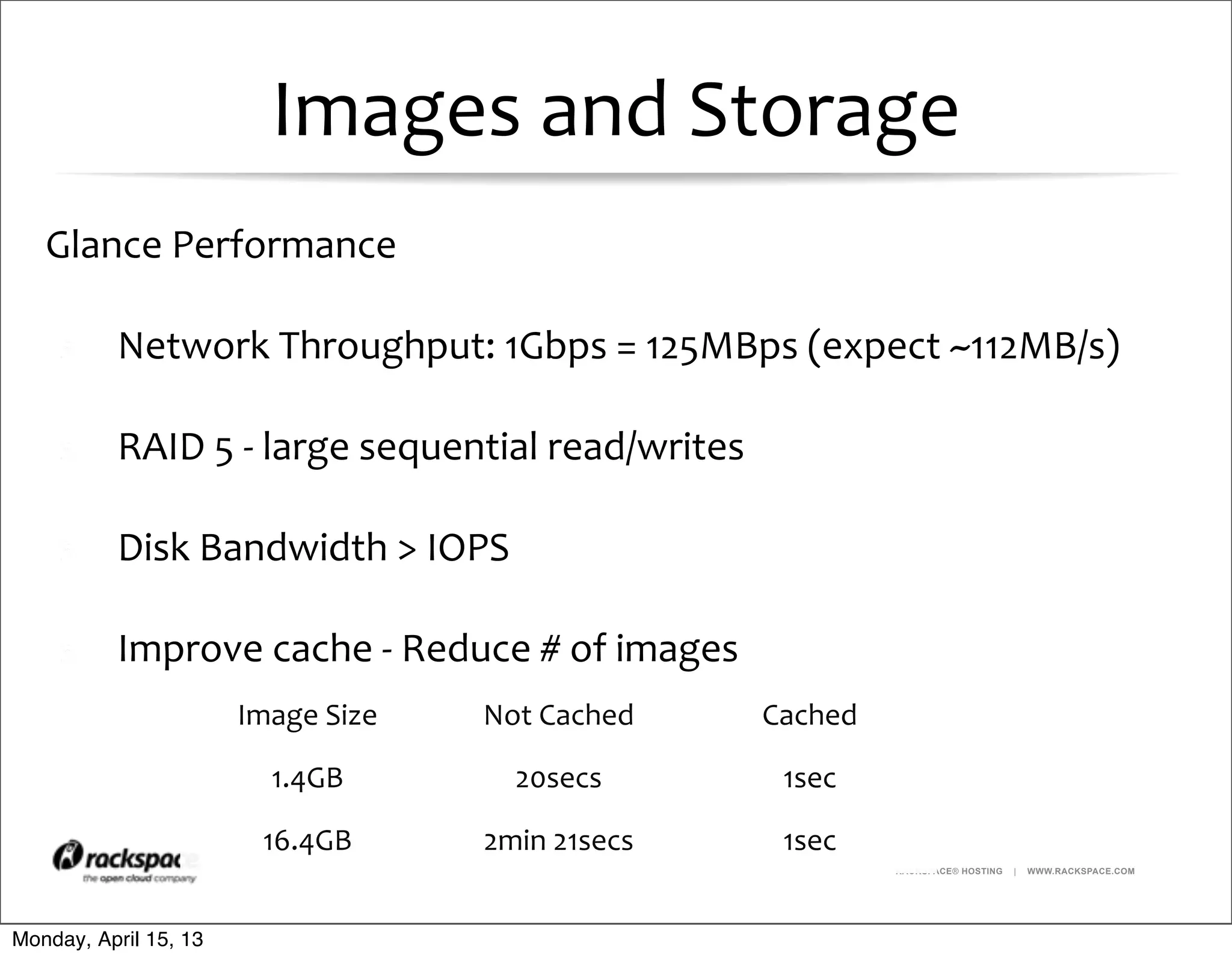 RACKSPACE® HOSTING | WWW.RACKSPACE.COM
Images	
  and	
  Storage
Glance	
  Performance
Network	
  Throughput:	
  1Gbps	
  =	
  125MBps	
  (expect	
  ~112MB/s)
RAID	
  5	
  -­‐	
  large	
  sequential	
  read/writes
Disk	
  Bandwidth	
  >	
  IOPS
Improve	
  cache	
  -­‐	
  Reduce	
  #	
  of	
  images	
  
Image	
  Size Not	
  Cached Cached
1.4GB 20secs 1sec
16.4GB 2min	
  21secs 1sec
Monday, April 15, 13
 