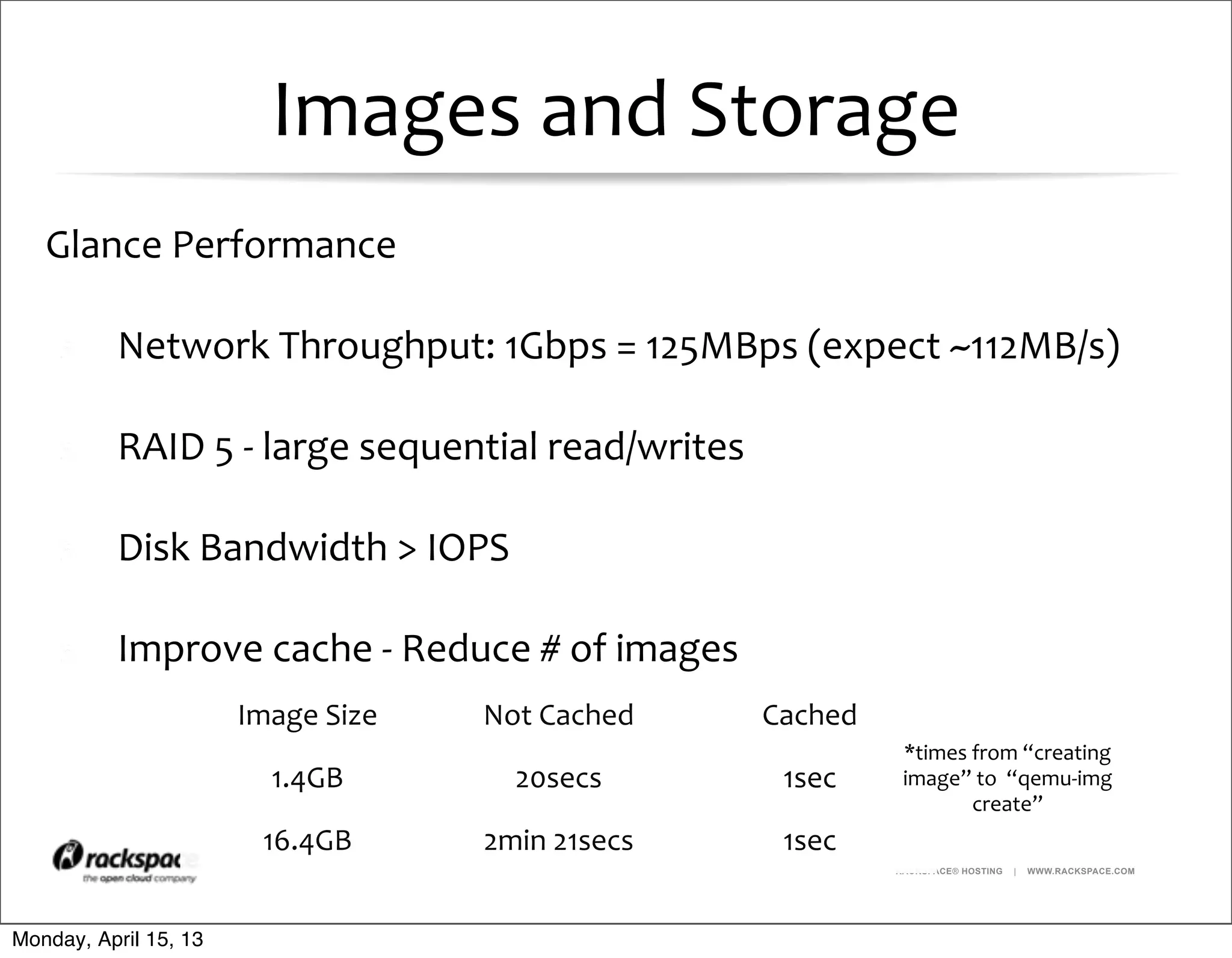 RACKSPACE® HOSTING | WWW.RACKSPACE.COM
Images	
  and	
  Storage
Glance	
  Performance
Network	
  Throughput:	
  1Gbps	
  =	
  125MBps	
  (expect	
  ~112MB/s)
RAID	
  5	
  -­‐	
  large	
  sequential	
  read/writes
Disk	
  Bandwidth	
  >	
  IOPS
Improve	
  cache	
  -­‐	
  Reduce	
  #	
  of	
  images	
  
Image	
  Size Not	
  Cached Cached
1.4GB 20secs 1sec
16.4GB 2min	
  21secs 1sec
*times	
  from	
  “creating	
  
image”	
  to	
  	
  “qemu-­‐img	
  
create”
Monday, April 15, 13
 