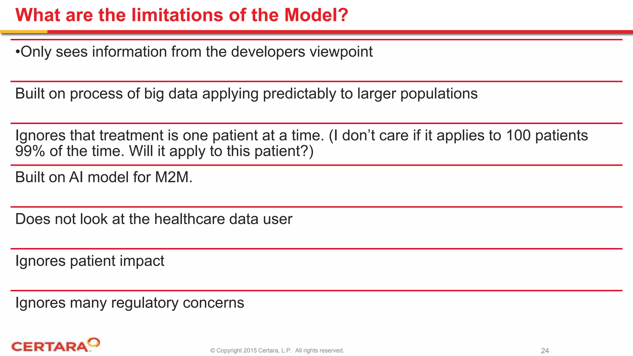 © Copyright 2015 Certara, L.P. All rights reserved.
What are the limitations of the Model?
•Only sees information from the developers viewpoint
Built on process of big data applying predictably to larger populations
Ignores that treatment is one patient at a time. (I don’t care if it applies to 100 patients
99% of the time. Will it apply to this patient?)
Built on AI model for M2M.
Does not look at the healthcare data user
Ignores patient impact
Ignores many regulatory concerns
24
 