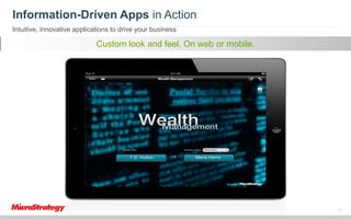 Information-Driven Apps in Action
Intuitive, innovative applications to drive your business

IntelligentPowerfulanalyze all relevant mobile.
Multimedia decision. Real-timesecurely.
Customaccess integrated analytics.feeds.
Quick look andfor Transact datadata.
Accessaand to feel. On web or
Make content. guided decision-making.
workflows important documents.

12

 