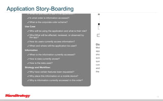 Research:

Application Story-Boarding
✓What is the current business process?

✓What do you want to see in the application?
✓In what order is information accessed?
✓What is the corporate color scheme?
Use Case
✓Who will be using the application and what is their role?
✓Who/What will be affected, reviewed, or observed by
the app?
✓How do users currently access information?
✓When and where will the application be used?
Information

Diagram the Right Workﬂow

Mobile apps require workﬂows or storyboards that describe the

app in detail. It begins as a wireframe mockup with placeholders

✓When is the information currently accessed?

showing the app process ﬂow and designs for each individua

✓How is data currently stored?

screen. Once you have the foundation, you can create all the re

✓How is the data used?
Strategy and Workﬂow:
✓Why have certain features been requested?

quired reports and charts required for the app. Once the app is

complete, you can substitute actual screenshots of the reports

and charts for the wireframe placeholders, and begin assembling
the app.

✓Why place this information on a mobile device?
✓Why is information currently accessed in this order?

20

15

 