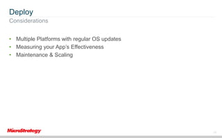 Deploy
Considerations
• Multiple Platforms with regular OS updates
• Measuring your App’s Effectiveness
• Maintenance & Scaling

23

 
