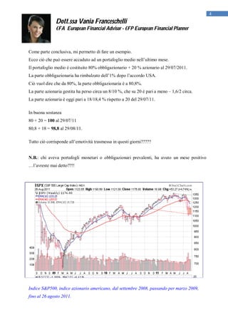 4
               Dott.ssa Vania Franceschelli
               €FA European Financial Advisor - €FP European Financial Planner



Come parte conclusiva, mi permetto di fare un esempio.
Ecco ciò che può essere accaduto ad un portafoglio medio nell’ultimo mese.
Il portafoglio medio è costituito 80% obbligazionario + 20 % azionario al 29/07/2011.
La parte obbligazionaria ha rimbalzato dell’1% dopo l’accordo USA.
Ciò vuol dire che da 80%, la parte obbligazionaria è a 80,8%.
La parte azionaria gestita ha perso circa un 8/10 %, che su 20 è pari a meno – 1,6/2 circa.
La parte azionaria è oggi pari a 18/18,4 % rispetto a 20 del 29/07/11.

In buona sostanza
80 + 20 = 100 al 29/07/11
80,8 + 18 = 98,8 al 29/08/11.

Tutto ciò corrisponde all’emotività trasmessa in questi giorni?????


N.B.: chi aveva portafogli monetari o obbligazionari prevalenti, ha avuto un mese positivo
…l’avreste mai detto??!!




Indice S&P500, indice azionario americano, dal settembre 2008, passando per marzo 2009,
fino al 26 agosto 2011.
 