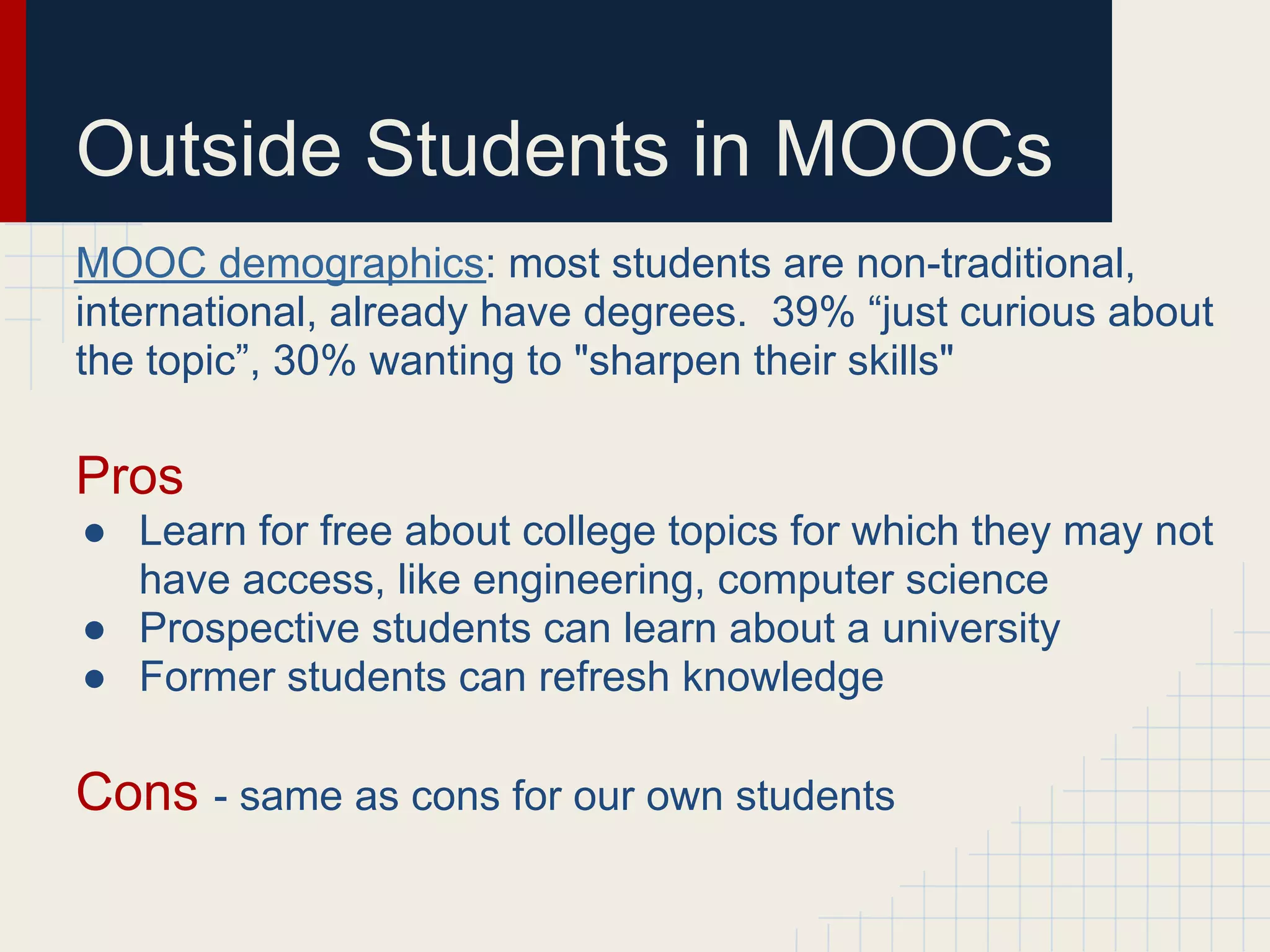 Outside Students in MOOCs
MOOC demographics: most students are non-traditional,
international, already have degrees. 39% “just curious about
the topic”, 30% wanting to "sharpen their skills"

Pros
● Learn for free about college topics for which they may not
  have access, like engineering, computer science
● Prospective students can learn about a university
● Former students can refresh knowledge

Cons - same as cons for our own students
 