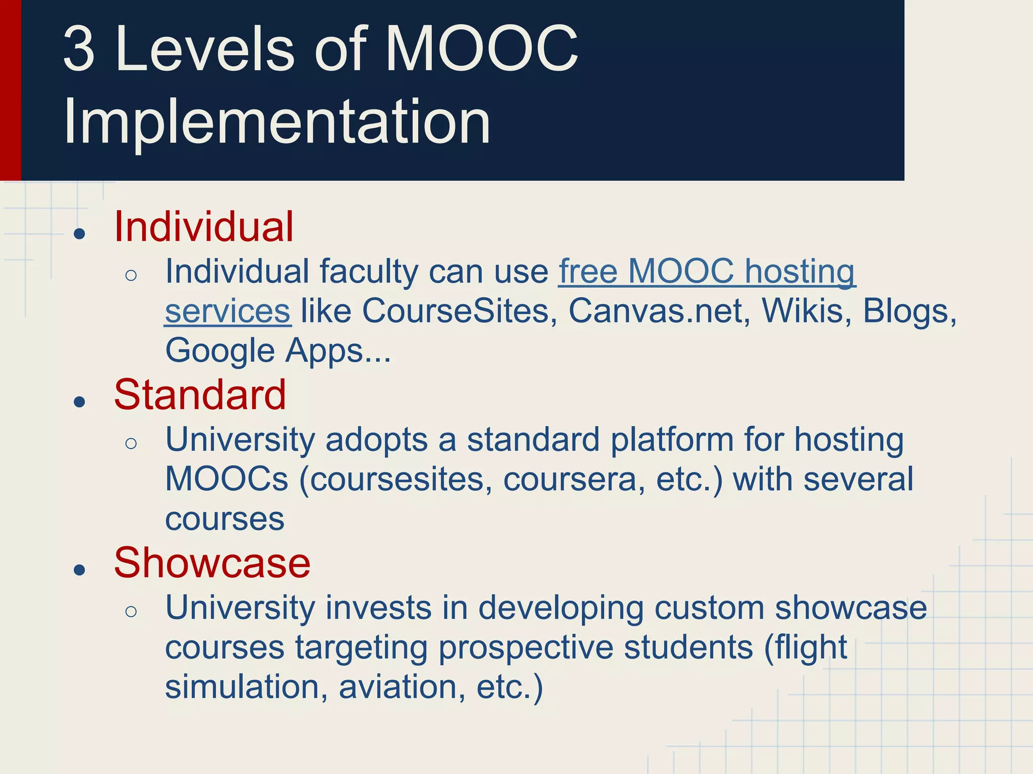 3 Levels of MOOC
Implementation
●   Individual
    ○   Individual faculty can use free MOOC hosting
        services like CourseSites, Canvas.net, Wikis, Blogs,
        Google Apps...
●   Standard
    ○   University adopts a standard platform for hosting
        MOOCs (coursesites, coursera, etc.) with several
        courses
●   Showcase
    ○   University invests in developing custom showcase
        courses targeting prospective students (flight
        simulation, aviation, etc.)
 
