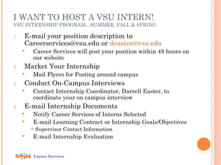 I WANT TO HOST A VSU INTERN!
VSU INTERNSHIP PROGRAM…SUMMER, FALL & SPRING

1.   E-mail your position description to
     Careerservices@vsu.edu or deaster@vsu.edu
        Career Services will post your position within 48 hours on
         our website
2.   Market Your Internship
        Mail Flyers for Posting around campus
3.   Conduct On-Campus Interviews
        Contact Internship Coordinator, Darrell Easter, to
         coordinate your on campus interview
4.   E-mail Internship Documents
        Notify Career Services of Interns Selected
        E-mail Learning Contract or Internship Goals/Objectives
            Supervisor Contact Information
        E-mail Internship Evaluation


         Career Services
 