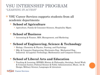 VSU INTERNSHIP PROGRAM
“LEARNING IN ACTION”

   VSU Career Services supports students from all
    academic departments
      School of Agriculture
           Agriculture, Family & Consumer Sciences, Hospitality Mgmt.


       School of Business
           Accounting & Finance, MIS, Management, and Marketing


       School of Engineering, Science & Technology
           Biology, Chemistry & Physics, Nursing, and Psychology
           Mfg. & Computer Engineering; Electronics Eng., Mechanical Eng.,
            Industrial & Logistics Technology; Mathematics and Computer Science


       School of Liberal Arts and Education
           Teaching & Learning; HPERD; History & Philosophy; Sociology, Social Work
            & Criminal Justice; Political Science & Public Administration; Music, Art &
            Design; Military Science; Languages & Literature

            Career Services
 