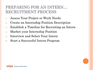 PREPARING FOR AN INTERN…
RECRUITMENT PROCESS
1.   Assess Your Project or Work Needs
2.   Create an Internship Position Description
3.   Establish a Timeline for Recruiting an Intern
4.   Market your Internship Position
5.   Interview and Select Your Intern
6.   Start a Successful Intern Program




       Career Services
 