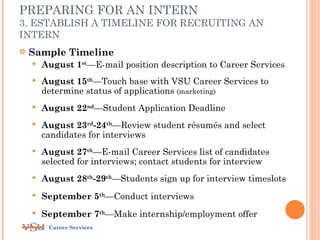 PREPARING FOR AN INTERN
3. ESTABLISH A TIMELINE FOR RECRUITING AN
INTERN
   Sample Timeline
       August 1st—E-mail position description to Career Services
       August 15th—Touch base with VSU Career Services to
        determine status of applications (marketing)
       August 22nd—Student Application Deadline
       August 23rd-24th—Review student résumés and select
        candidates for interviews
       August 27th—E-mail Career Services list of candidates
        selected for interviews; contact students for interview
       August 28th-29th—Students sign up for interview timeslots
       September 5th—Conduct interviews
       September 7th—Make internship/employment offer
         Career Services
 
