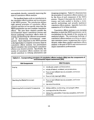 new methods, thereby, constantly improving the                       designing mitigation, Table E-1 illustrates how
state of cumulative effects analysis.                                the principles of cumulative effects analysis can
                                                                     be the focus of each component of the NEPA
     The handbook begins with an introduction to
                                                                     process. Chapter 5 discusses the methods, tech-
the cumulative effects problem and its relevance
                                                                     niques, and tnols needed to develop a study-
to the NEPA process. The introduction defines
                                                                     specific methodology and actually implement
eight general principles of cumulative effects
                                                                     cumulative effects analysis. Appendix A provides
analysis and lays out ten specific steps that the
                                                                     summaries of 11 of these methods.
NEPA practitioner can use tQanalyze cumulative
effects.   The next three chapters parallel the                          Cumulative effects analysis is an emerging
environmental impact assessment process and                          discipline in which the NEPA practitioner can be
discuss analyzing cumulative effects while (1)                       overwhelmed by the details of the scoping and
scoping, (2) describing the affected environment,                    analytical phases. The continuing challenge of
and (3) determining         environmental    conse-                  cumulative effects analysis is to focus on impor-
quences. Each component in the NEPA process                          tant cumulative issues, recognizing that a better
is the logical place to complete necessary steps in                  decision, rather than a perfect cumulative effects
cumulative effects analysis, but practitioners                       analysis, is the goal of NEPA and environmental
should remember that analyzing for cumulative                        impact assessment professionals.
effects is an iterative process. Specifically, the
results of cumulative effects analysis can and
should contribute to refining alternatives and


  Table E-1. Incorporating              pdnclples of cumulative effects analysis (CEA) into the components of
                                          environmental Impact assessment (EIA)

                  EIA Components                                                        CEA Principles

  jcoping                                             q   Include   pad,    present,    and future actions.

                                                      q   include   all federal,     nonfederal,      and private    actions.

                                                      q   Focus on each affected          resource,     ecosystem,    and human
                                                          community.

                                                      q   Focus on truly meaningful          effects.


  Describing    the Affected   Environment            q   Focus on each affected          resource,     ecosystem,    and human
                                                          community.

                                                      q   Use natural      boundaries.


  determining    the Environmental     Consequences   q   Address additive,        countervailing,      and synergistic effects.

                                                      q   Look beyond       the life of the action.

                                                      q   Address the sustainability        of resources,     ecosystems,       and human
                                                          communities.




                                                             vii
 