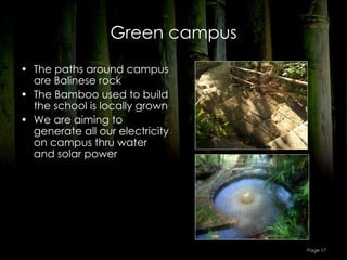 Green campus
• The paths around campus
  are Balinese rock
• The Bamboo used to build
  the school is locally grown
• We are aiming to
  generate all our electricity
  on campus thru water
  and solar power




                                 Page 17
 