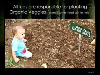 All kids are responsible for planting
Organic Veggies (even if some need a little help)




                                               Page 39
 