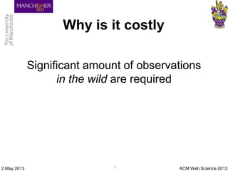 Why is it costly
Significant amount of observations
in the wild are required
ACM Web Science 20132 May 2013 7
 