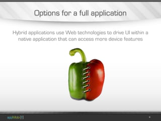 Options for a full application

Hybrid applications use Web technologies to drive UI within a
  native application that can access more device features
 