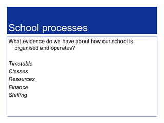 how classes are compiled, how classes are allocated to teachers, test results, teachers’ observations, attendance data, portfolios of work, student opinions…Data are one form of evidence
