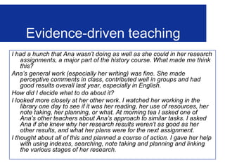 Evidence-driven decision makingJust having data offers very little.   For a skilled leader, however, data can be a compelling force for improving schools.   The value associated with data come from being able to discern the quality of the data and to organise it, think about what it might mean and use it to make decisions.   This is a human activity that requires capturing and organising ideas and turning the information into meaningful actions (Senge, 1990).