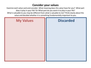 Consider your values
Examine each value card and consider: What meaning does this value have for you? What part
           does it play in your life? Or What part do you want it to play in your life?
What is valuable to you may be different from what is valuable to me? Think clearly about the
         value and decided whether it is something fundamentally important to you.

           My Values                                         Discarded
 