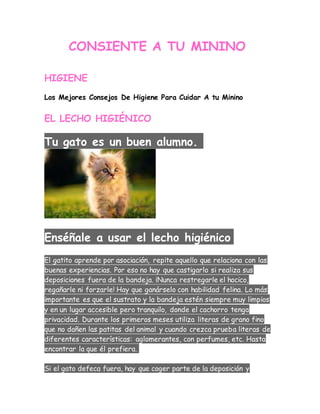 CONSIENTE A TU MININO 
HIGIENE 
Los Mejores Consejos De Higiene Para Cuidar A tu Minino 
EL LECHO HIGIÉNICO 
Tu gato es un buen alumno. 
Enséñale a usar el lecho higiénico 
El gatito aprende por asociación, repite aquello que relaciona con las 
buenas experiencias. Por eso no hay que castigarlo si realiza sus 
deposiciones fuera de la bandeja. ¡Nunca restregarle el hocico, 
regañarle ni forzarle! Hay que ganárselo con habilidad felina. Lo más 
importante es que el sustrato y la bandeja estén siempre muy limpios 
y en un lugar accesible pero tranquilo, donde el cachorro tenga 
privacidad. Durante los primeros meses utiliza literas de grano fino 
que no dañen las patitas del animal y cuando crezca prueba literas de 
diferentes características: aglomerantes, con perfumes, etc. Hasta 
encontrar la que él prefiera. 
Si el gato defeca fuera, hay que coger parte de la deposición y 
 