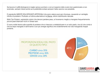 12
Se bevono il caﬀè (biologico) è meglio senza zucchero o con al massimo latte crudo (non pastorizzato e non
scremato, sempre intero) anche se è preferibile evitare sempre il latte vaccino ove possibile.

 
E sopratutto NIENTE DOLCIFICANTI ARTIFICIALI che sono veleno puro per chiunque, causando un ventaglio
inﬁnito di problemi. Piuttosto un’ottima alternativa è la Stevia, ottimo dolciﬁcante naturale.

Molti Tipi Proteici, sopratutto coloro che devono perdere peso, si troveranno meglio a mangiare frequentemente
piccoli pasti bilanciati ricchi in Grassi sani.

Ci sono molte teorie sulle quantità di proteine che si riescono a metabolizzare in un solo pasto, ma ciò che conta è
che se dopo mangiato ti senti bene e con più energie signiﬁca che evidentemente non stai mangiando troppe
proteine.
PROPORZIONI IDEALI DEL PASTO 	

DI QUESTOTIPO:	

!
CARBO circa 35%	

PROTEINE circa 45%	

GRASSI circa 20%
 